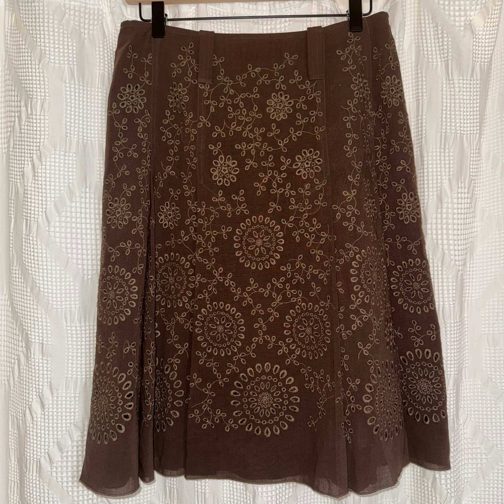 Per Se Skirt Brown Wool Floral Eyelet Embroidered A-Line Midi 4 Boho Academia